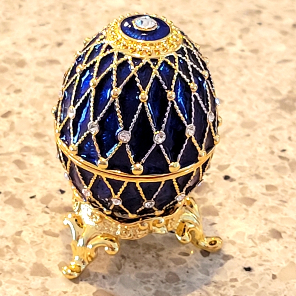 Cloisonne,Enameled,Swarovsky Russian Style Blue and Gold Decorative Egg By AKM.